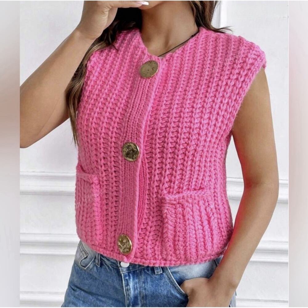 Women's Pink Knitted Sleeveless Cardigan Size Small